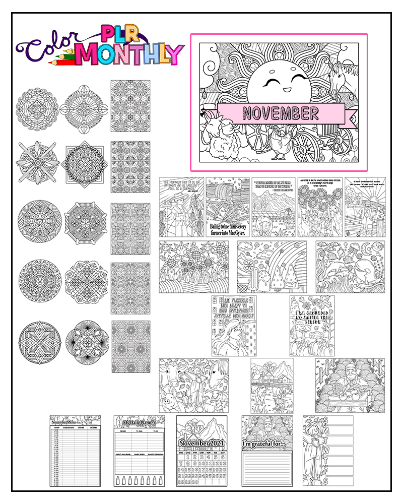a complete image showing smaller images of all the coloring pages in a package about sunshine, sunflowers, animals, and farm with mandalas