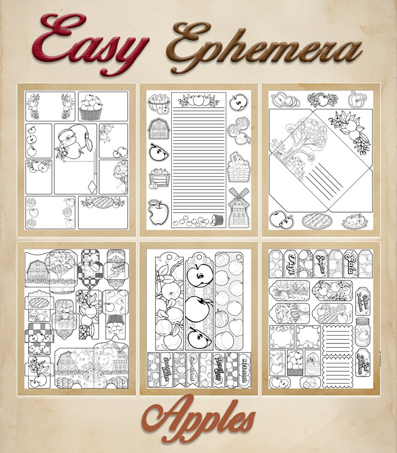 a complete image showing smaller images of all the coloring pages in a package with the title of the product "Easy Ephemera - Apples"