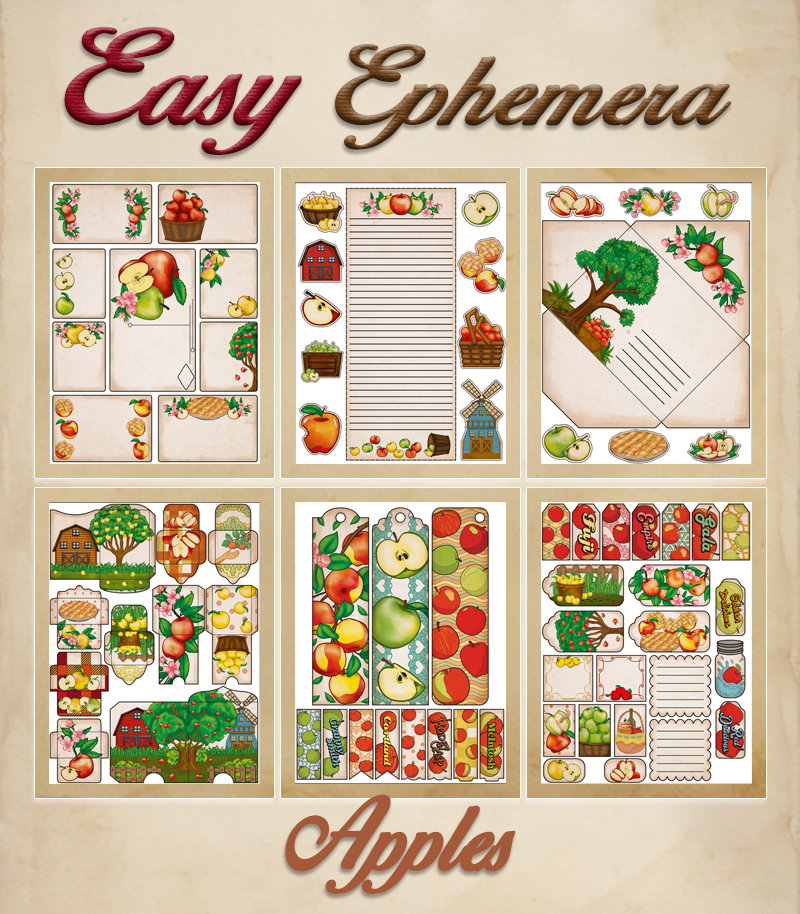a complete image showing smaller images of all the full color pages in a package with the title of the product "Easy Ephemera - Apples"