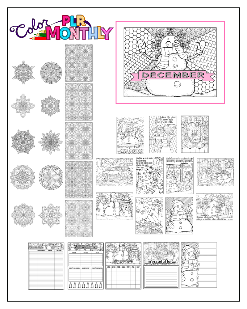 a complete image showing smaller images of all the coloring pages in a package about snowman with mandalas