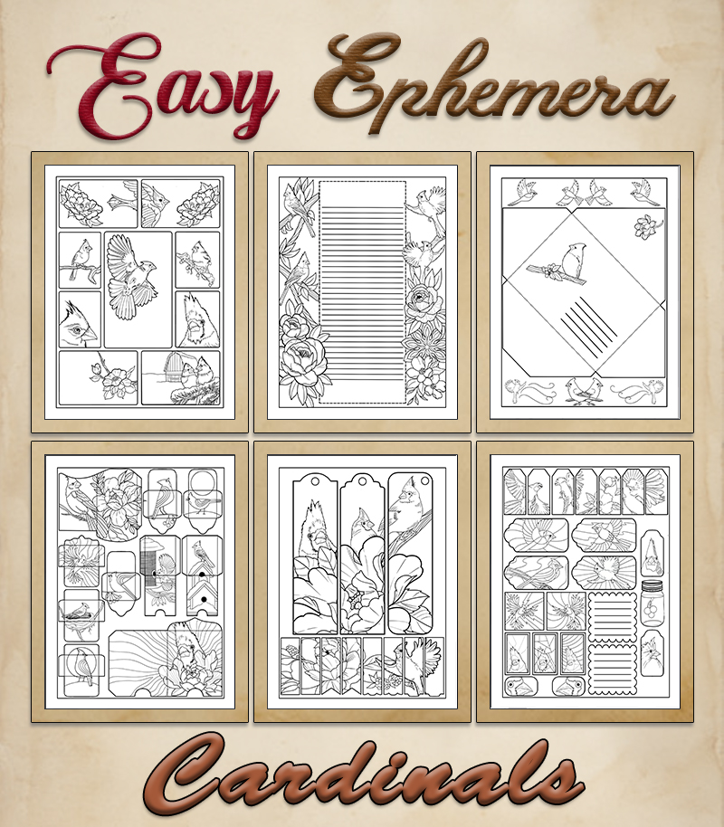 a complete image showing smaller images of all the coloring pages in a package with the title of the product "Easy Ephemera - Cardinals"