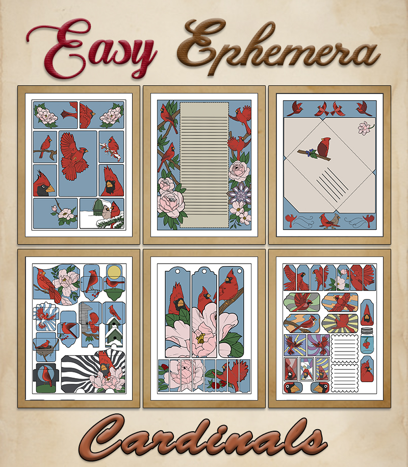 a complete image showing smaller images of all the full color pages in a package with the title of the product "Easy Ephemera - Cardinals"