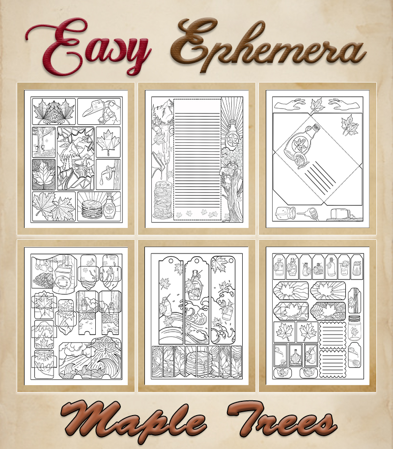 a complete image showing smaller images of all the coloring pages in a package with the title of the product "Easy Ephemera - Maple Trees"