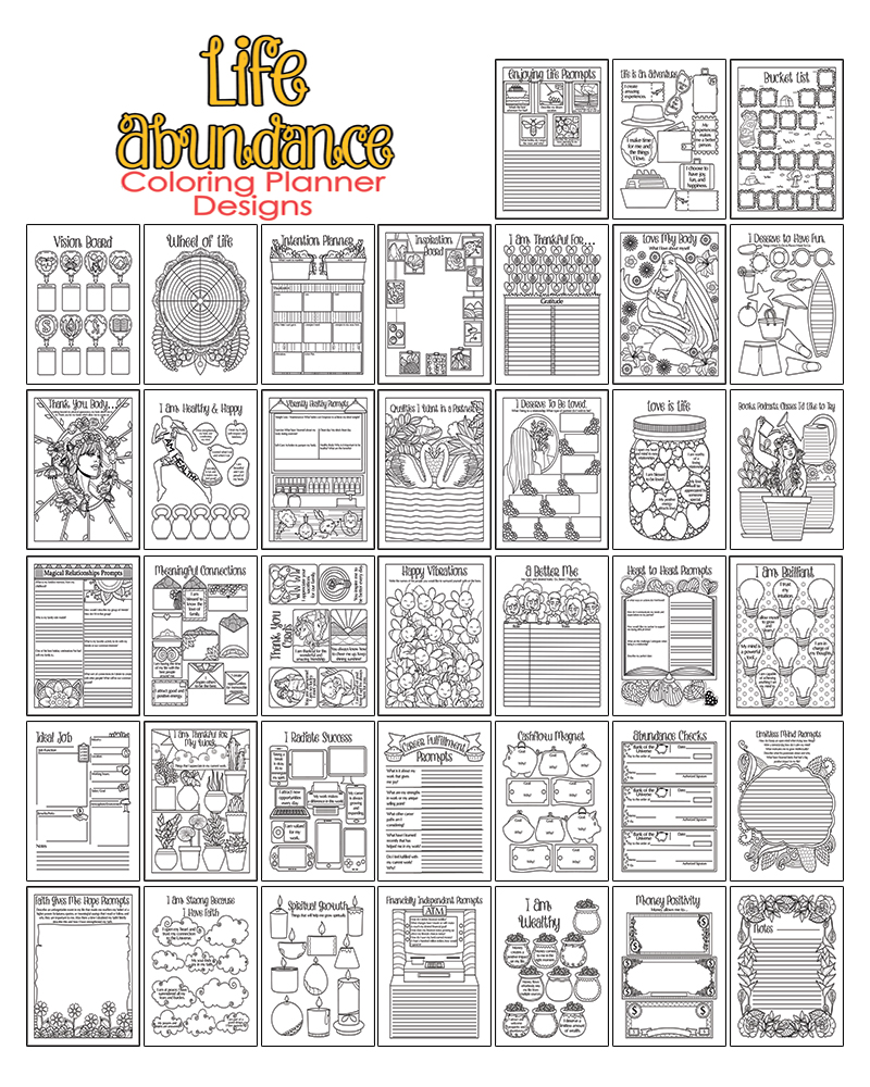 a complete image showing smaller images of all the coloring pages in a package about life abundance