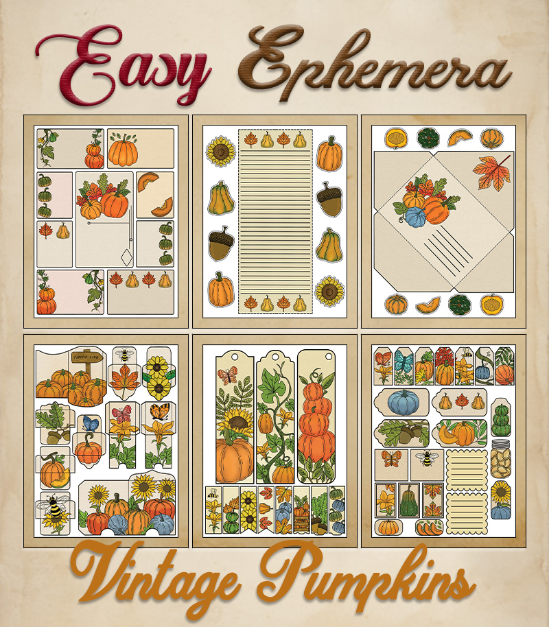 a complete image showing smaller images of all the full color pages in a package with the title of the product "Easy Ephemera - Vintage Pumpkins"