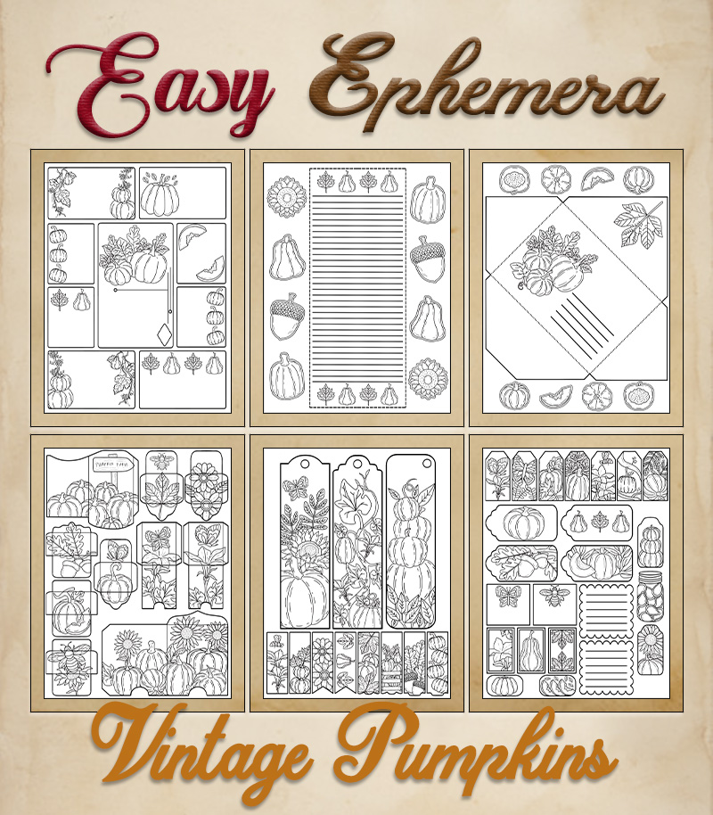 a complete image showing smaller images of all the coloring pages in a package with the title of the product "Easy Ephemera - Vintage Pumpkins"