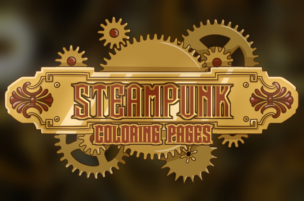 an image with gears and metal with the title of the product "Steampunk Coloring Page Designs"