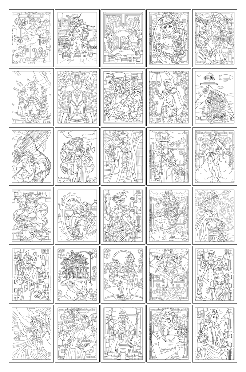 a complete image showing smaller images of all the coloring pages in a package about steampunk