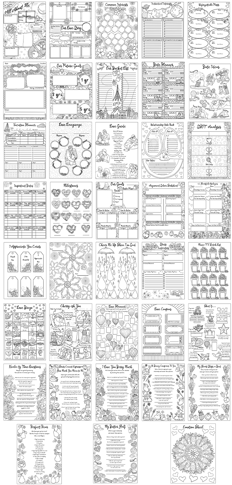 a complete image showing smaller images of all the coloring pages in a package about love & romance