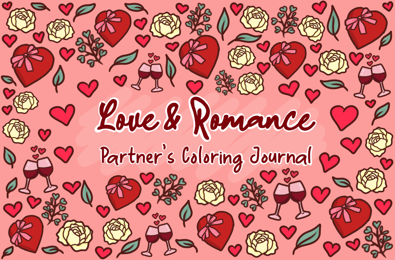 an image with hearts, wine and roses with the title of the product "Love & Romance Partner's Coloring Journal"