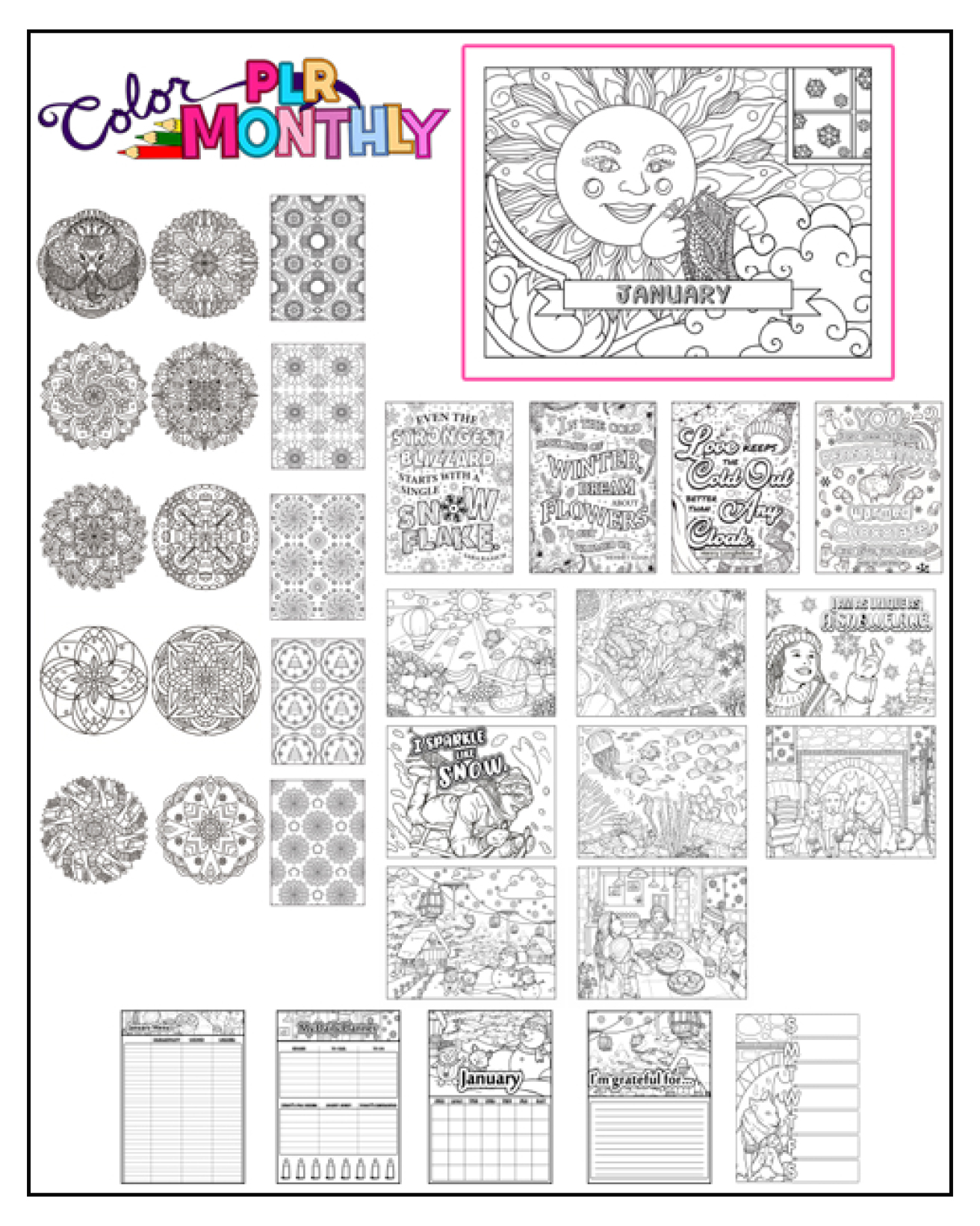 a complete image showing smaller images of all the coloring pages in a package about snow and winter with mandalas
