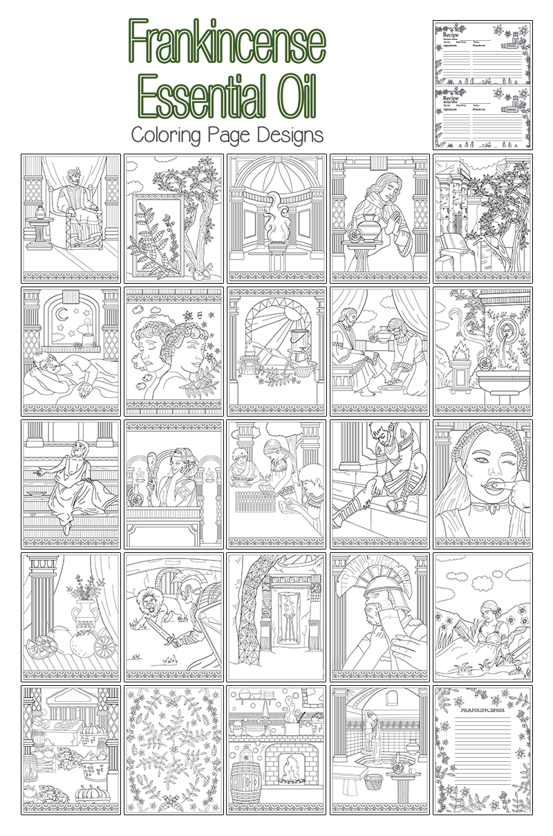 a complete image showing smaller images of all the coloring pages in a package about frankincense essential oil