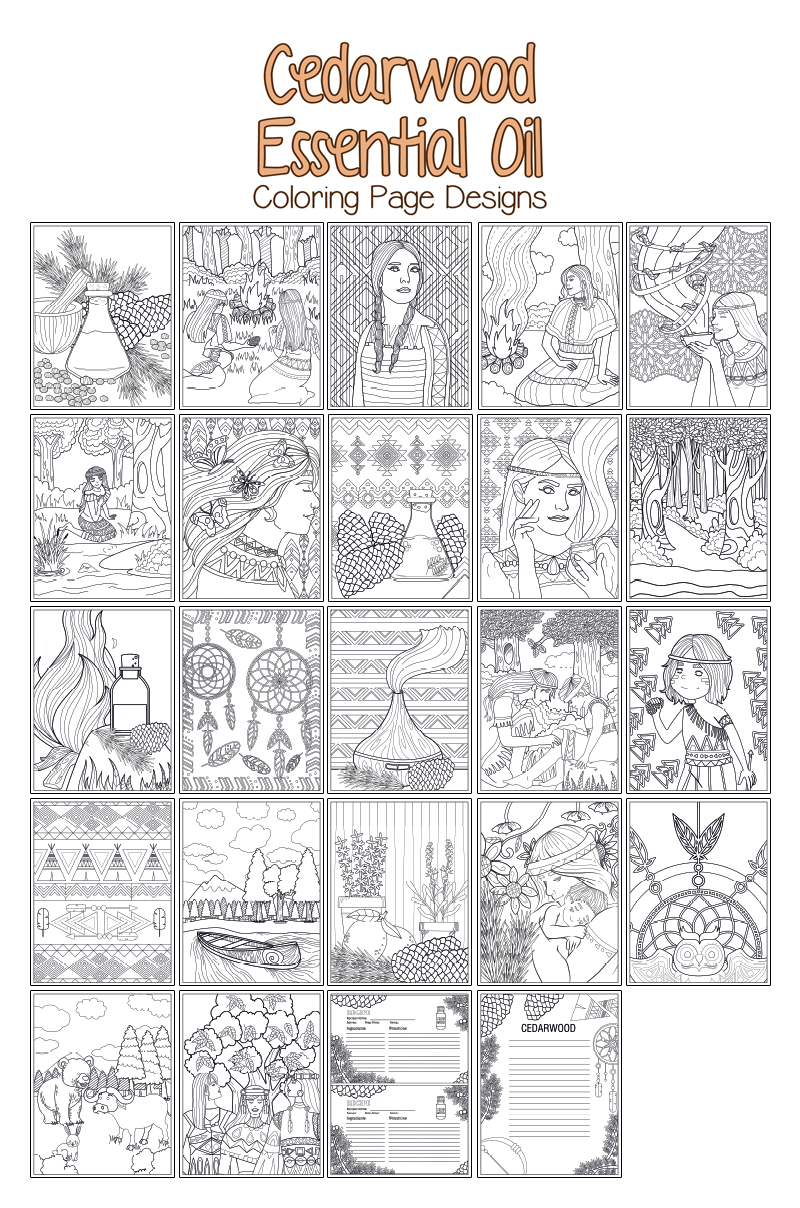 a complete image showing smaller images of all the coloring pages in a package about cedarwood essential oil