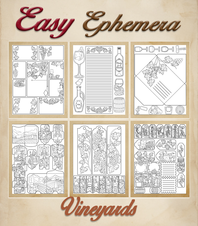 a complete image showing smaller images of all the coloring pages in a package with the title of the product "Easy Ephemera - Vineyards"