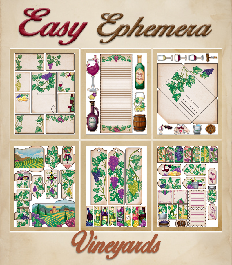 a complete image showing smaller images of all the full color pages in a package with the title of the product "Easy Ephemera - Vineyards"