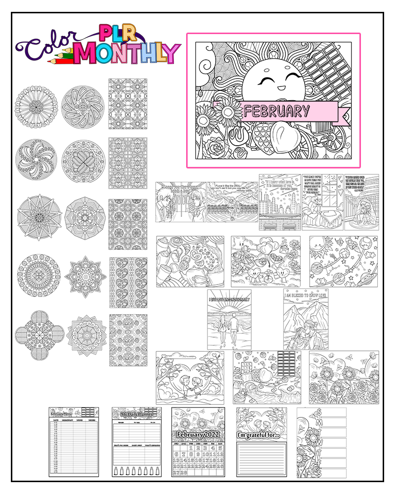 a complete image showing smaller images of all the coloring pages in a package about love, sunshine, and sunflowers with mandalas
