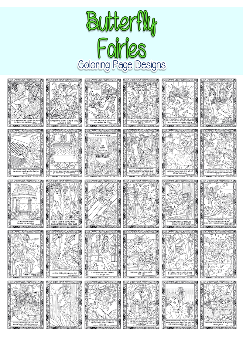a complete image showing smaller images of all the coloring pages in a package about butterfly fairies