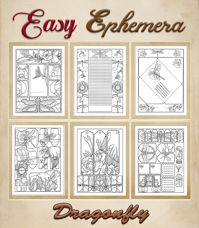 a complete image showing smaller images of all the coloring pages in a package with the title of the product "Easy Ephemera - Dragonflies"