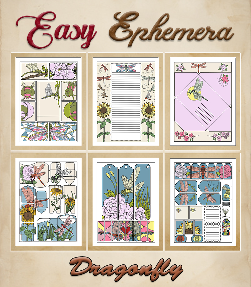 a complete image showing smaller images of all the full color pages in a package with the title of the product "Easy Ephemera - Dragonflies"