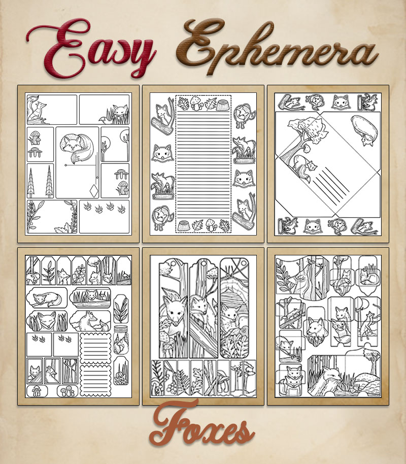 a complete image showing smaller images of all the coloring pages in a package with the title of the product "Easy Ephemera - Foxes"