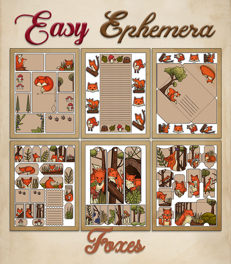 a complete image showing smaller images of all the full color pages in a package with the title of the product "Easy Ephemera - Foxes"