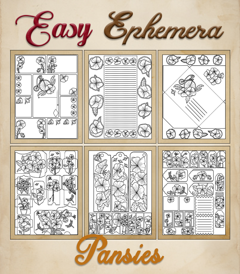 a complete image showing smaller images of all the coloring pages in a package with the title of the product "Easy Ephemera - Pansies"