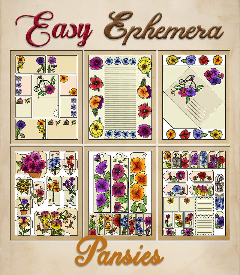 a complete image showing smaller images of all the full color pages in a package with the title of the product "Easy Ephemera - Pansies"