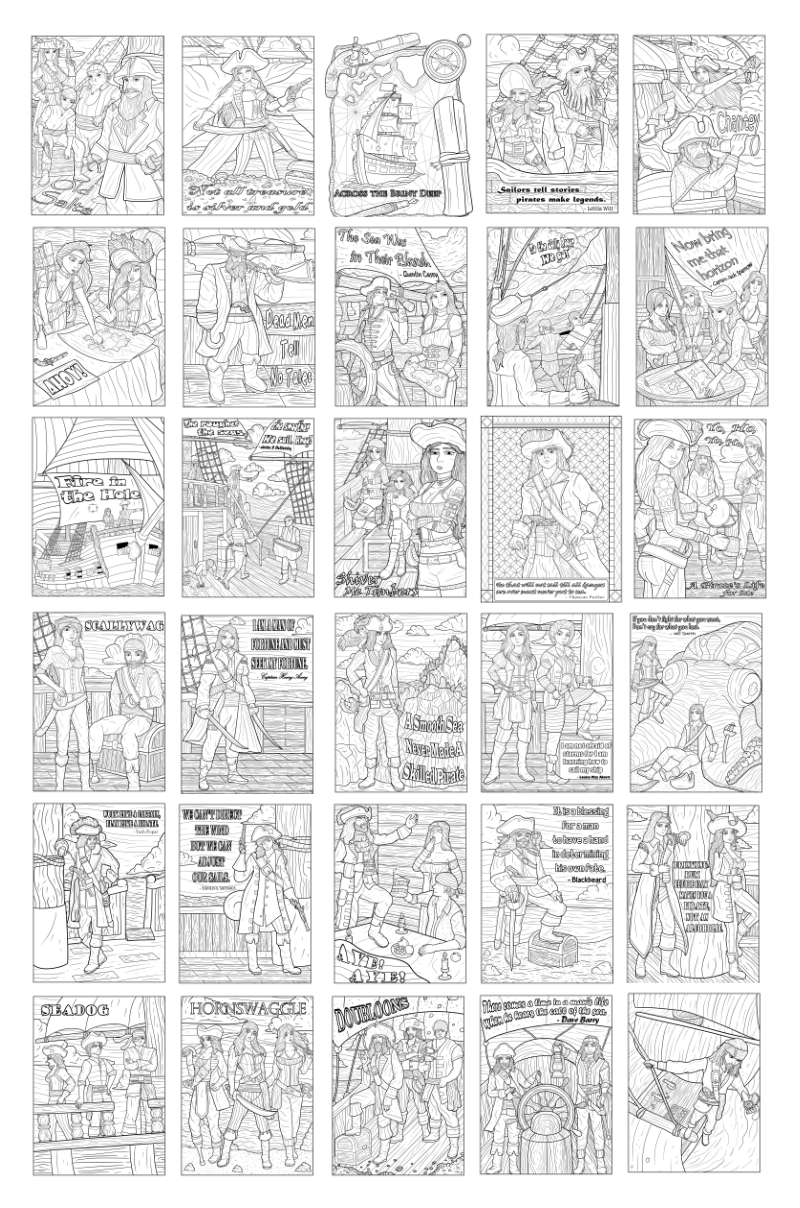 a complete image showing smaller images of all the coloring pages in a package about pirates