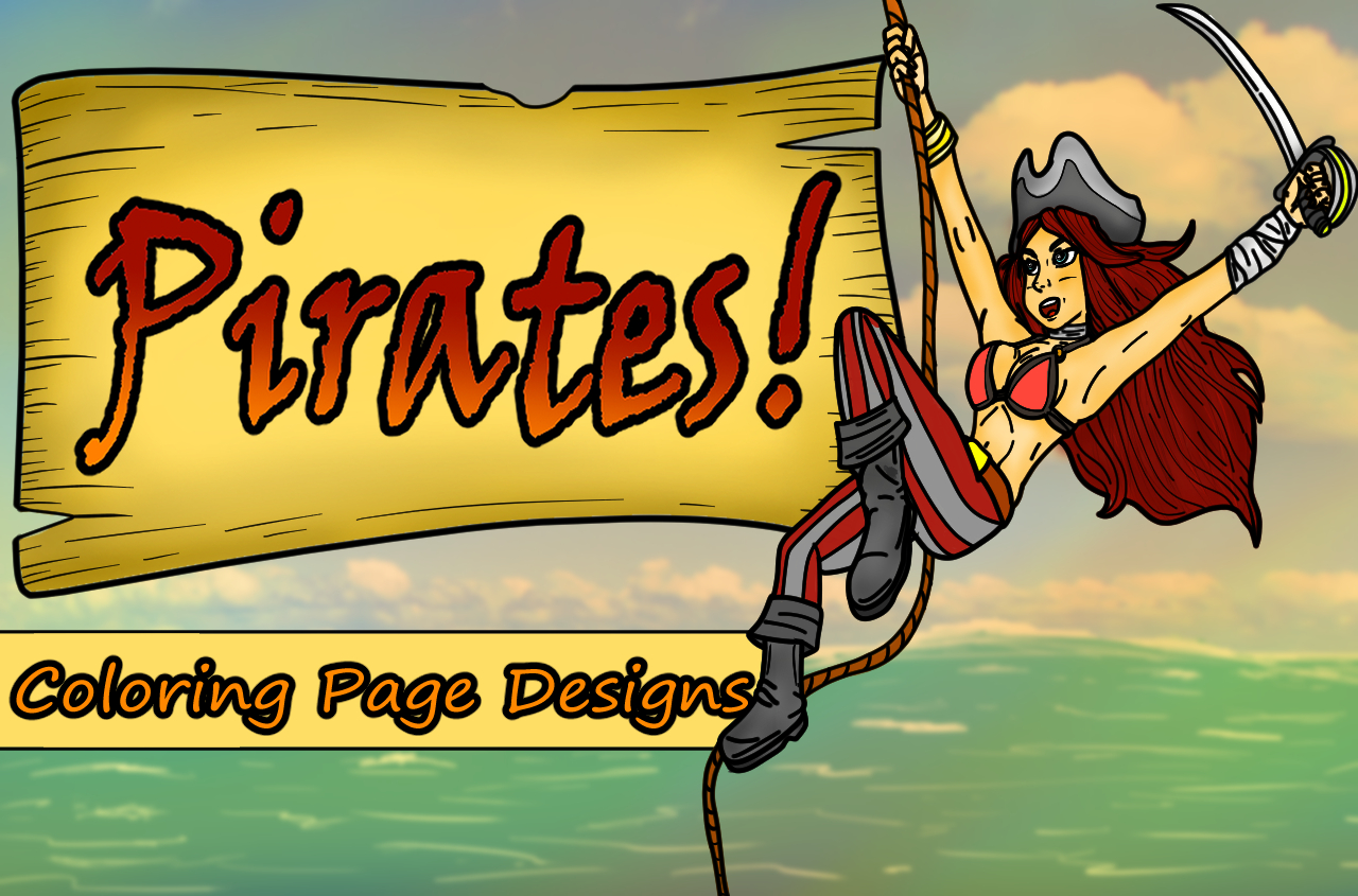 a girl pirate holding a sword and swinging on a rope with the title of the product "Pirates Coloring Pages Design"