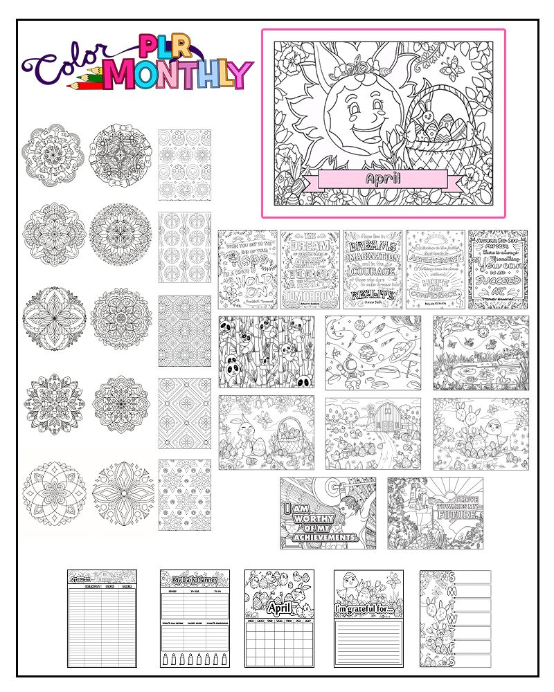 a complete image showing smaller images of all the coloring pages in a package about Easter with mandalas