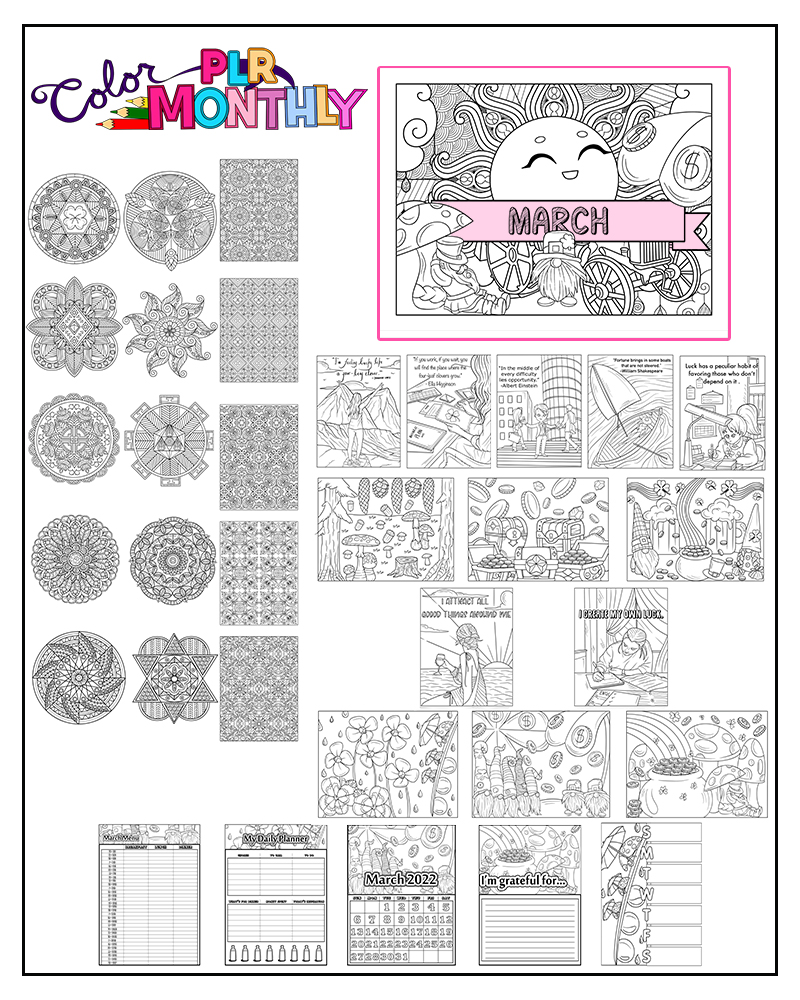 a complete image showing smaller images of all the coloring pages in a package about clover leaf & leprechauns with mandalas