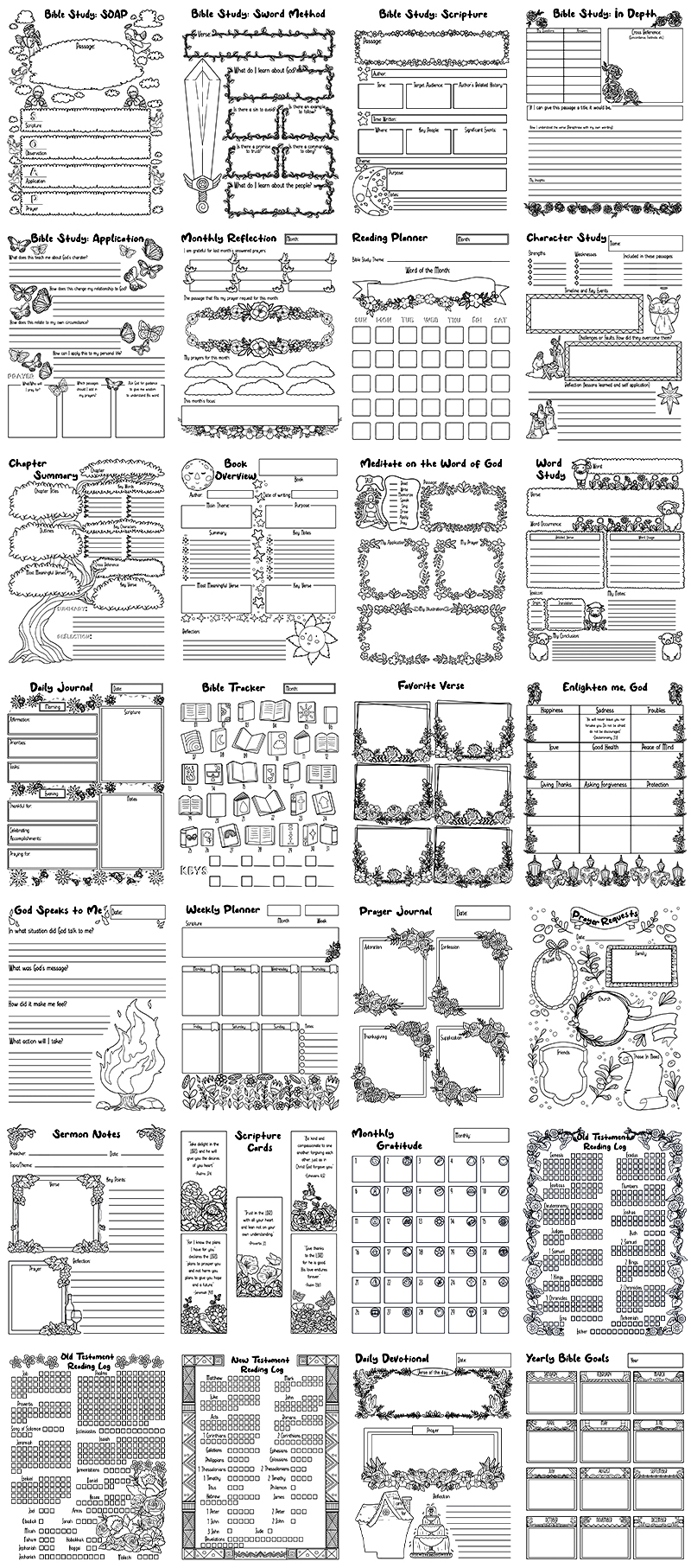a complete image showing smaller images of all the coloring pages in a package about bible