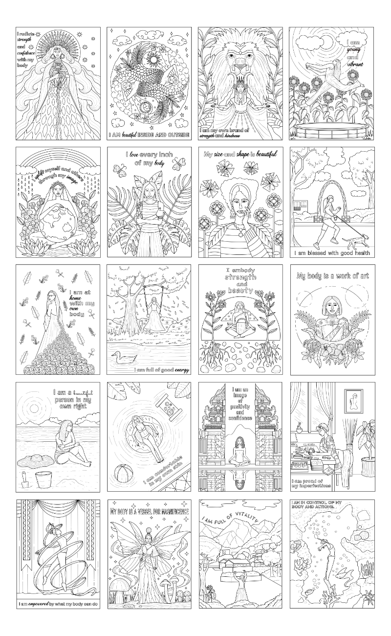 a complete image showing smaller images of all the coloring pages in a package about body bliss
