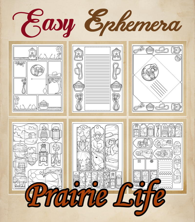 a complete image showing smaller images of all the coloring pages in a package about prairie life