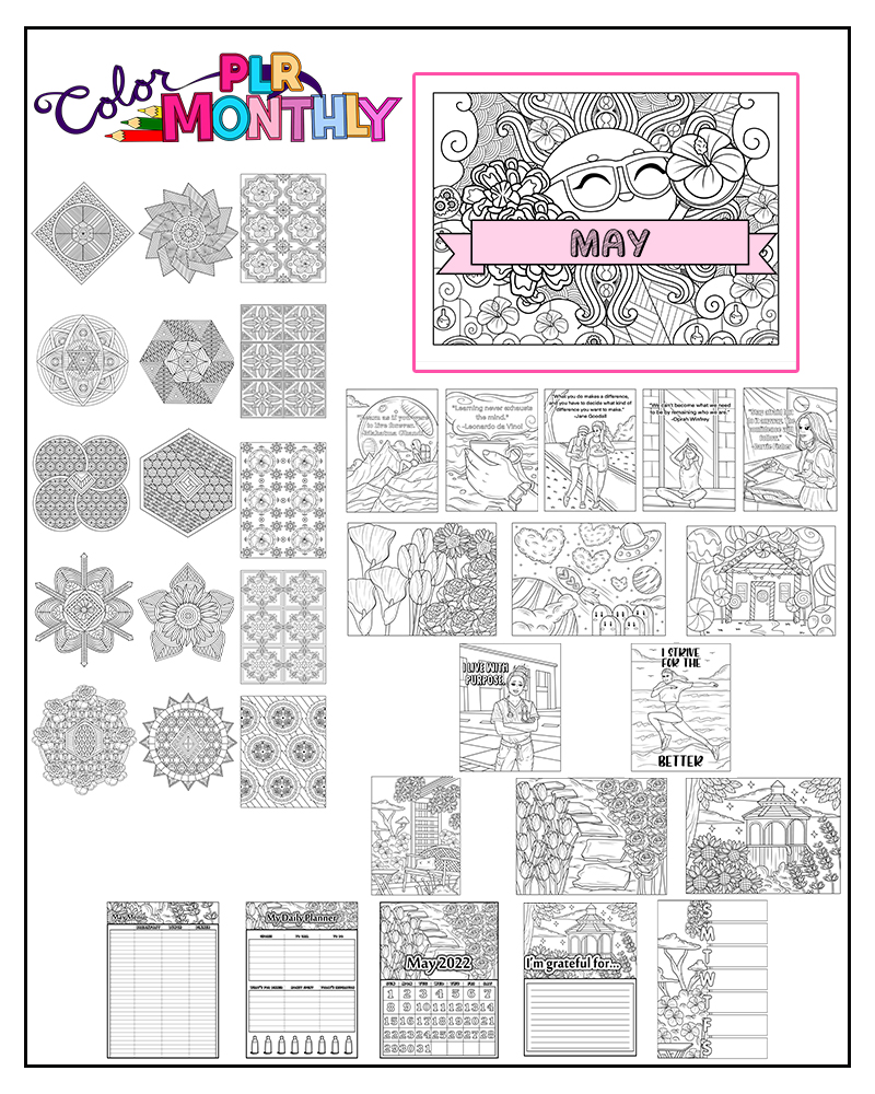a complete image showing smaller images of all the coloring pages in a package about garden in full bloom of flowers