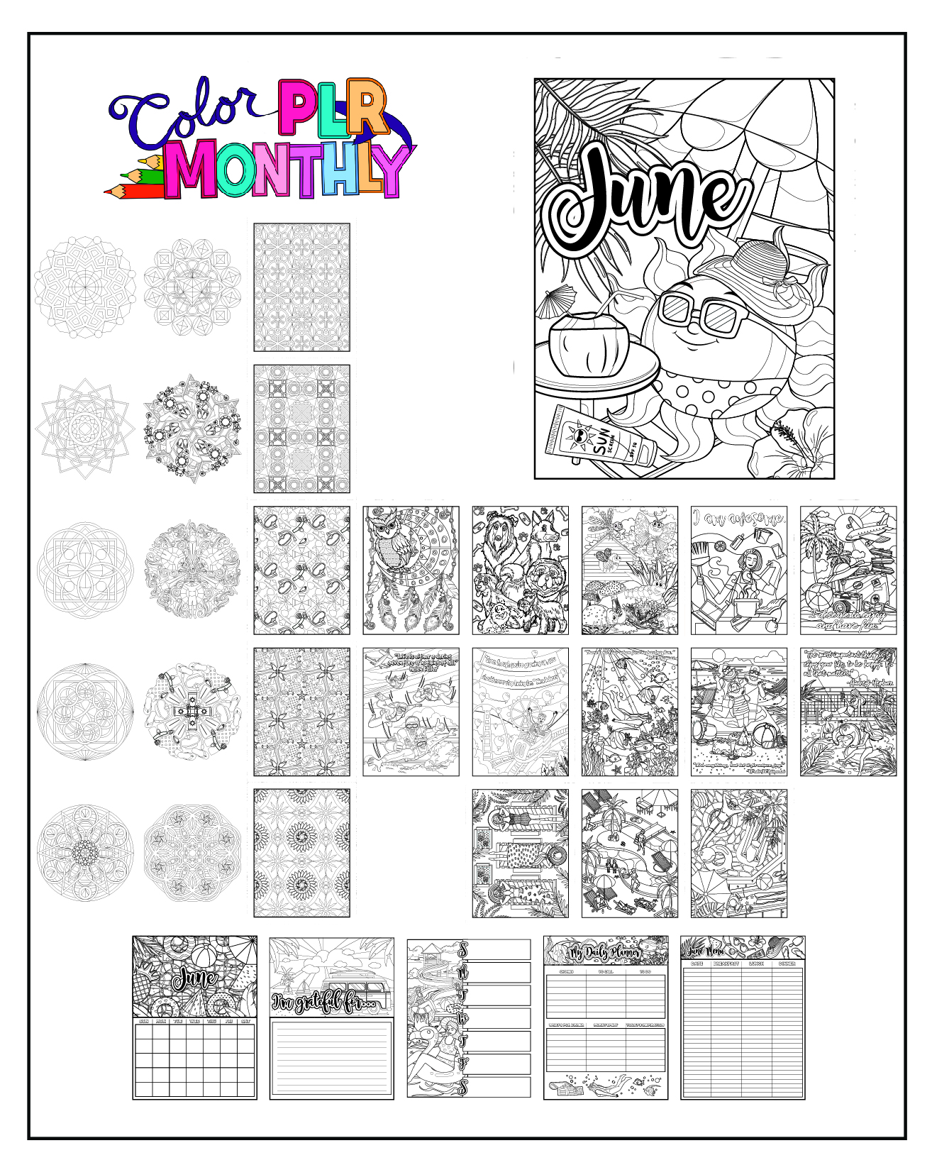 a complete image showing smaller images of all the coloring pages in a package about swimming