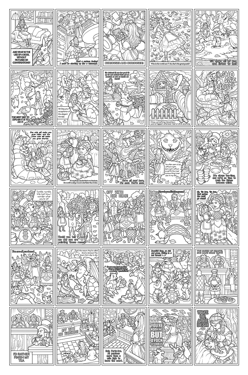 a complete image showing smaller images of all the coloring pages in a package about Alice in a wonderland