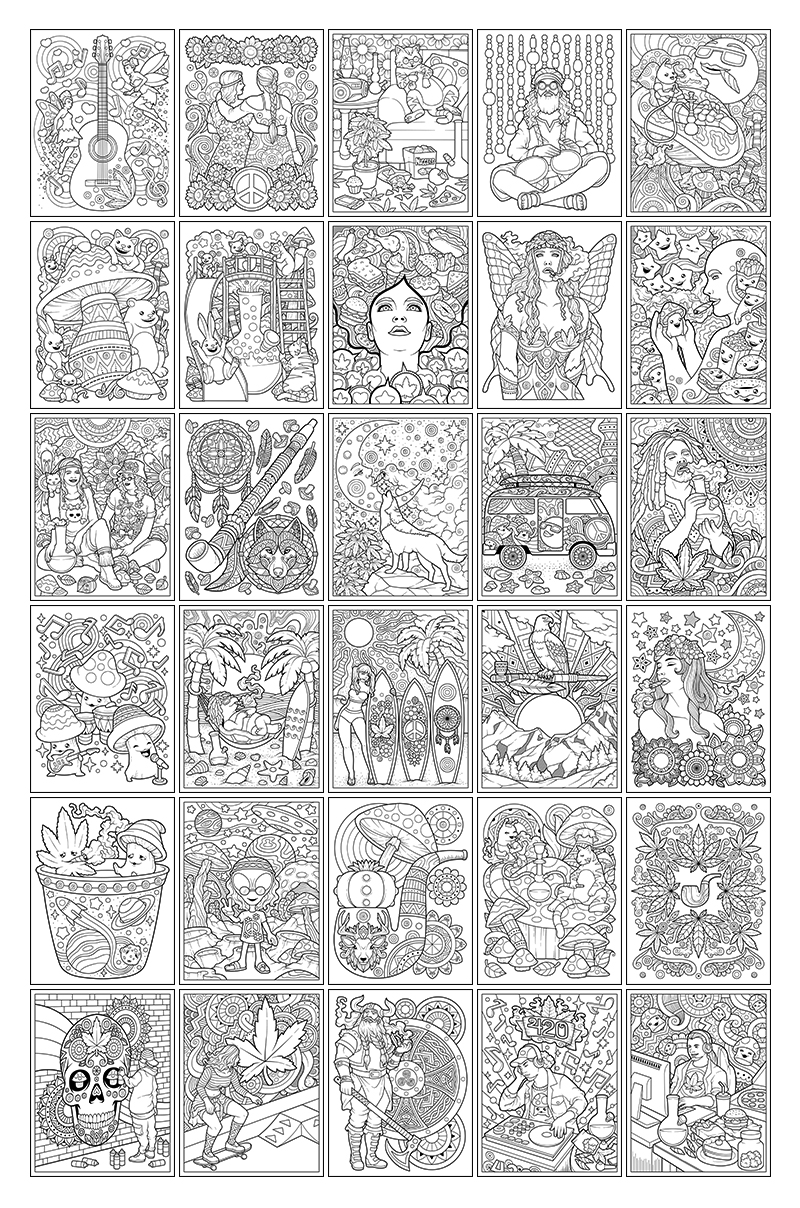 a complete image showing smaller images of all the coloring pages in a package about altered states