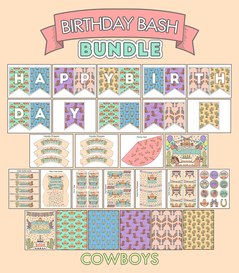 a complete image showing smaller images of all the full color birthday printables with a cowboy theme
