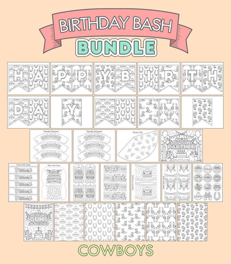 a complete image showing smaller images of all the coloring birthday printables with a cowboy theme
