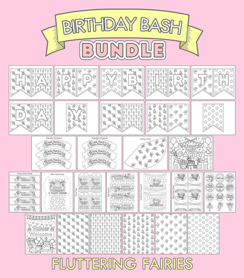 a complete image showing smaller images of all the coloring birthday printables with a fairies theme