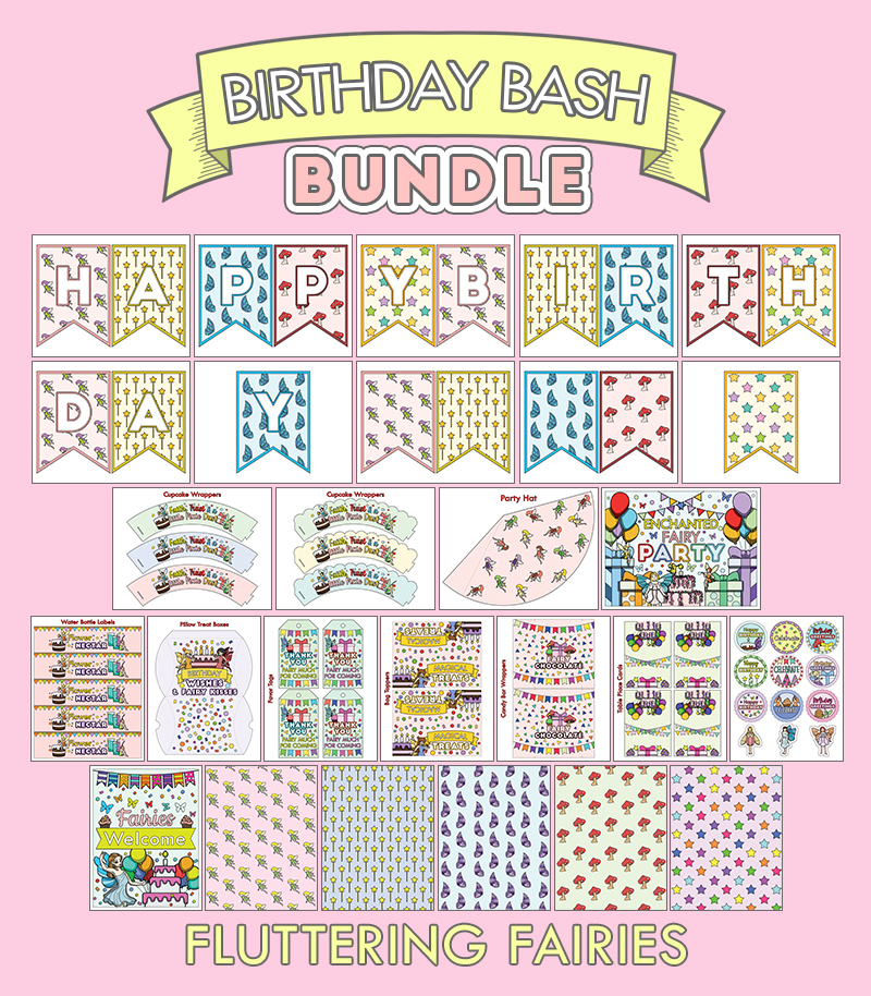 a complete image showing smaller images of all the full color birthday printables with a fairies theme