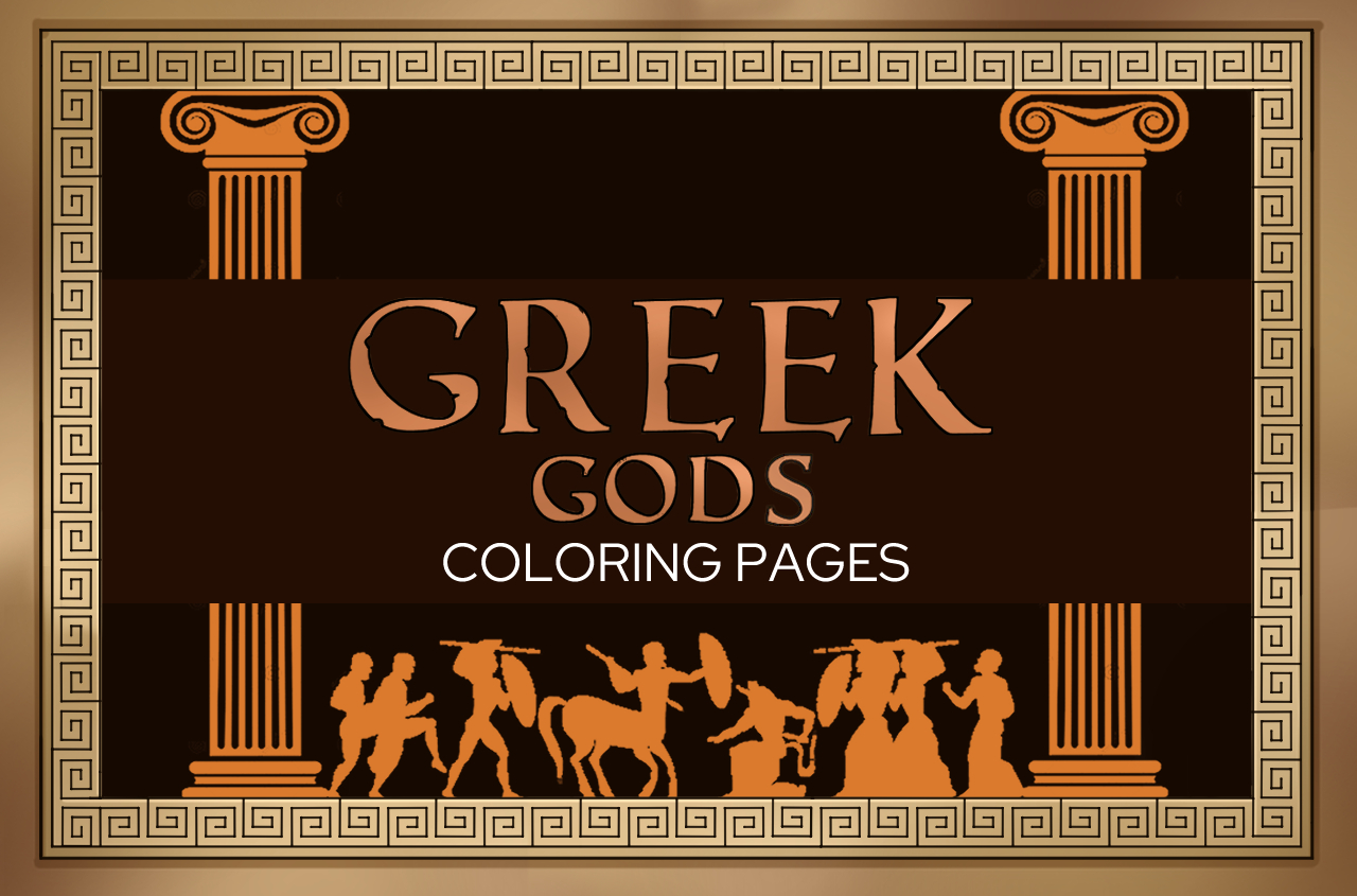 Greek pillars and warriors with the title of the product "Greek Gods Coloring Pages"