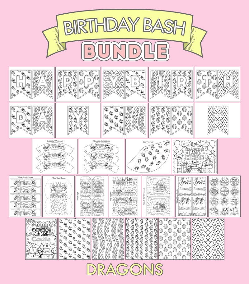 a complete image showing smaller images of all the coloring birthday printables with a dragon theme