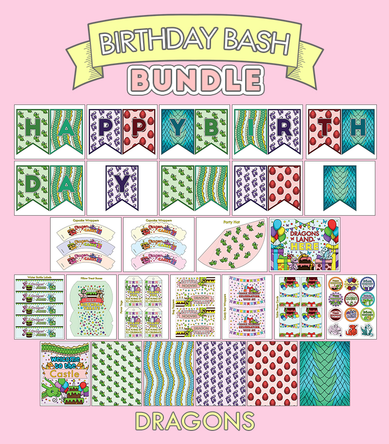 a complete image showing smaller images of all the full color birthday printables with a dragon theme