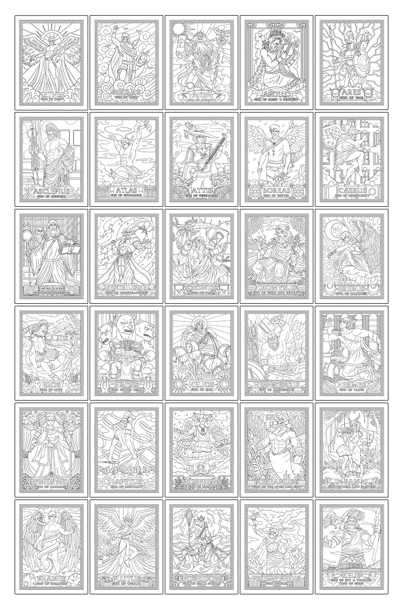 a complete image showing smaller images of all the coloring pages in a package about Greek gods