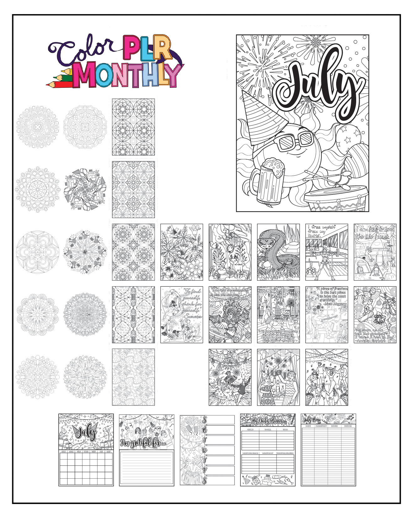 a complete image showing smaller images of all the coloring pages in a package all about party