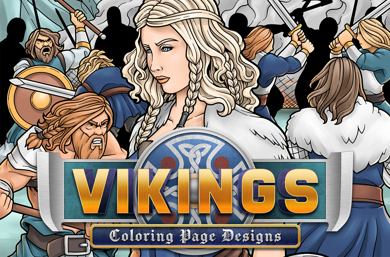 Viking warriors fighting, with the title of the product "Vikings Coloring Page Designs"