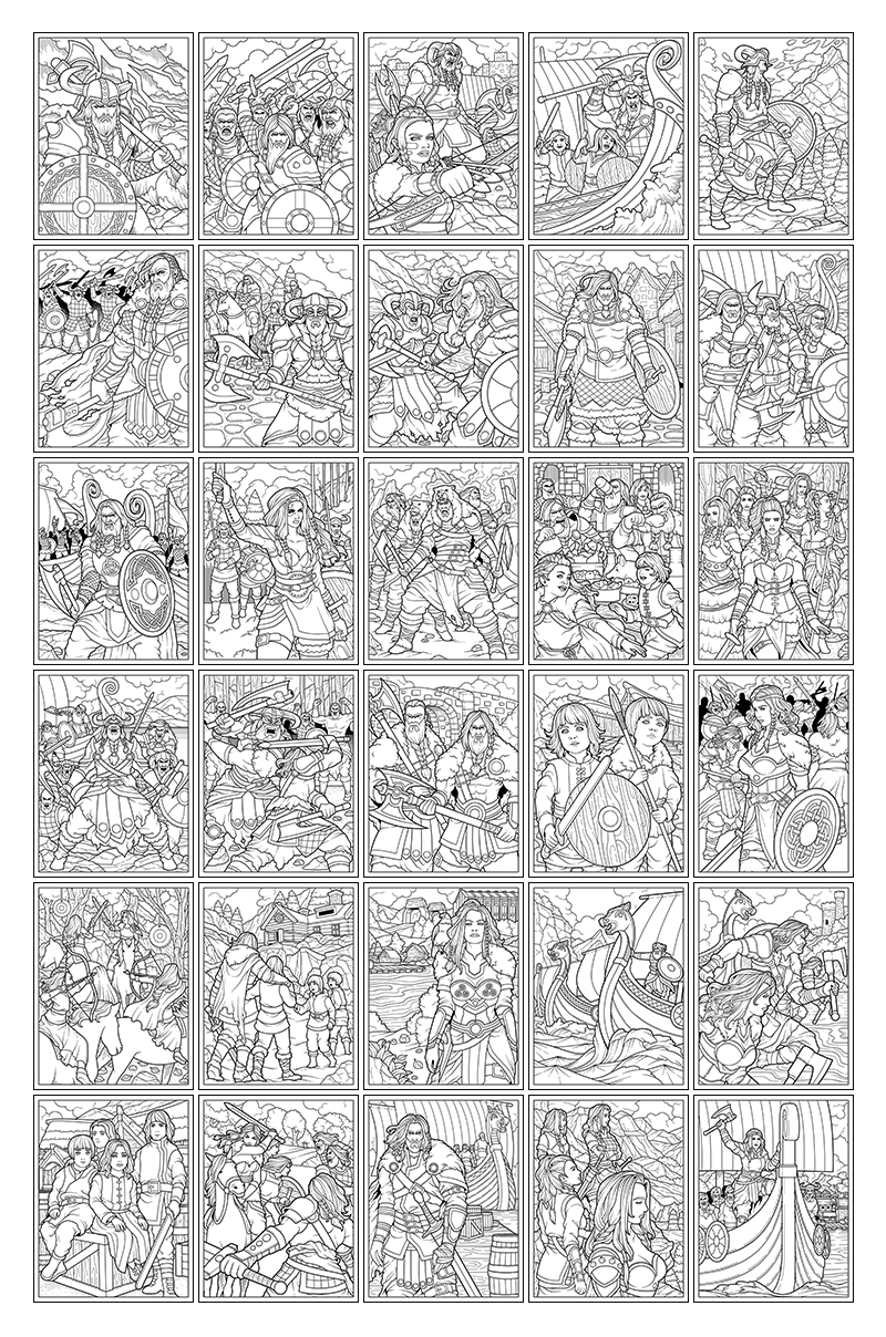 a complete image showing smaller images of all the coloring pages in a package about Viking warriors