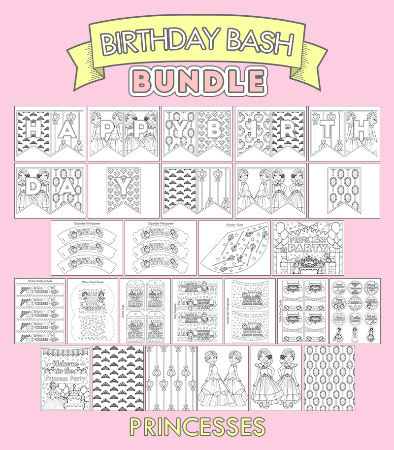 a complete image showing smaller images of all the coloring birthday printables with a princess theme